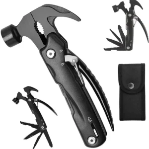 Product Description 12 in 1 gadgets for men including Hammer, Nail Puller, Clamp, Power Pliers, Wire Cutter, Saw, Knife, Cross Screwdriver, Bottle Opener, Slotted Screwdriver, File, Tooth Knife, Safety Lock. No More carry around a whole toolbox when you have this Multitool in your pocket. ﻿ Dimensions of the multi-function claw hammer is 5.4in*2.8in*0.7in, and weight is 350g. The survival tool come with a nylon pouch which is safety, portable and easy to carry. You can hang it on your belt, put it in backpacks, store it in cars or at home. This multitool is made of Stainless steel and with durable black oxidation for the main part. It's strong and durable that can cut, pry, twist the screw, open fire hydrant, saw wood, shatter the glass curtain wall easily, and let you far away from the anxious about broken tools in urgent use. Easy To Carry - This camping gear multi-purpose hammer features an upgraded wear-resistant oxford cloth pouch that keeps items in place for a safe, portable and easy access, and you can hang it to your waistband. Great Gift For Men - Have you ever seen a more versatile and unusual GIFT IDEA? Random mugs and other boring presents are ancient history! Are you still worried about what gift to give your Dad, Husband or boyfriend on Christmas, Valentine’s Day, Father’s Day, birthdays or on anniversaries? Give him a versatile and personalized gift that he can carry with him every day.